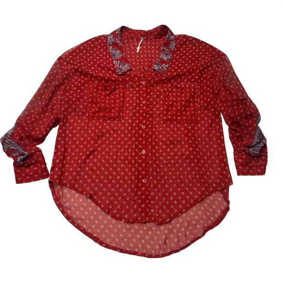 Free People Tops - Free People Button Down Red Floral Medallion Sheer Shirt Paisley XS Boho